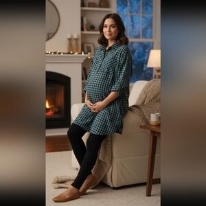 Liz Lange Maternity Teal & Black Checked LS Tunic Size XL